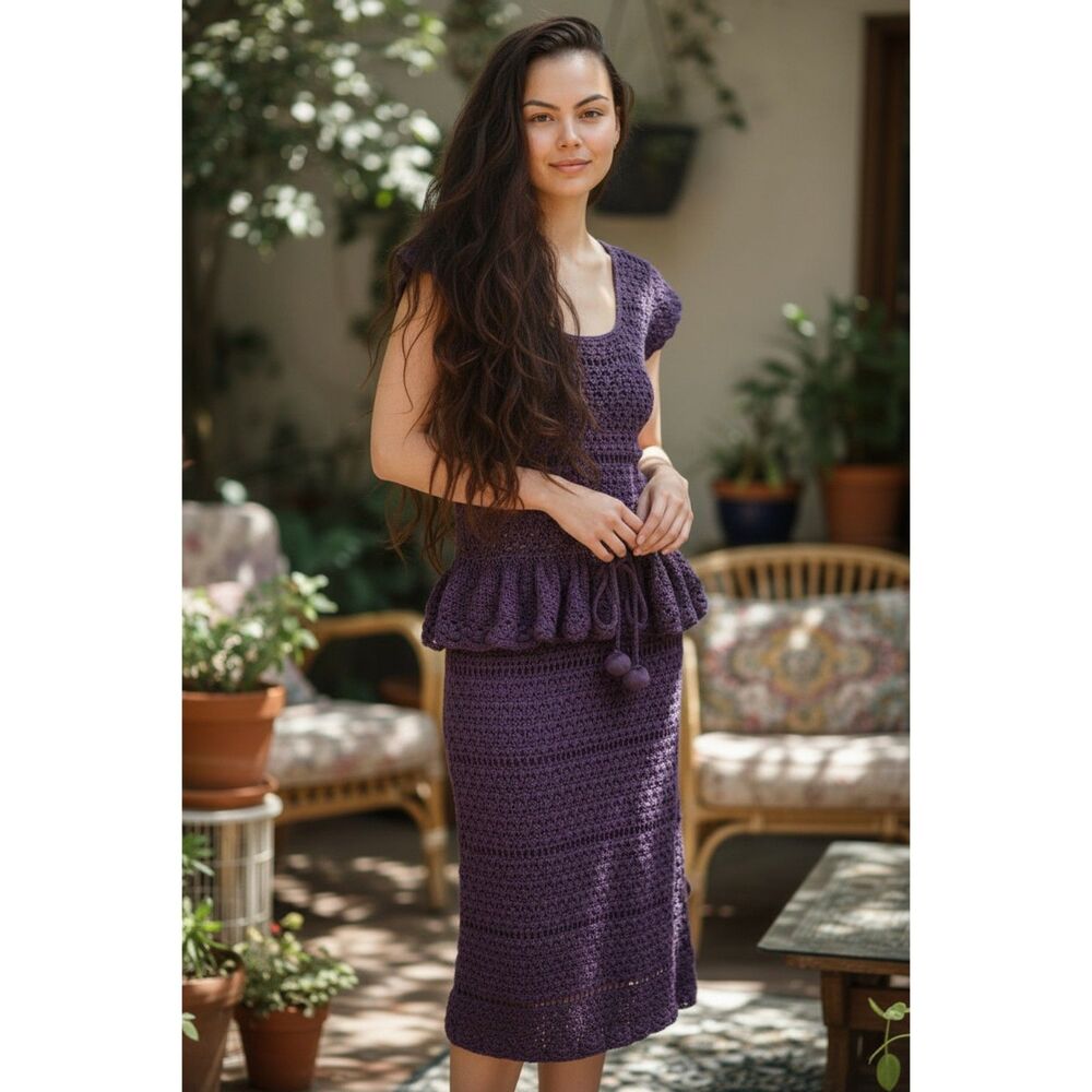 Betsey Johnson Vintage Y2K Purple Lace Crochet Peplum Knee Length Dress Large